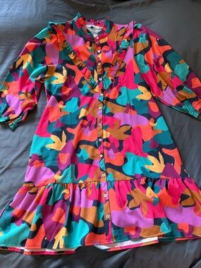 Vibrant Multi-Color Long Sleeve Ruffle Button-Front Dress